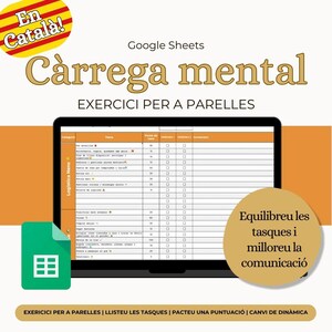 May include: A digital worksheet titled "Càrrega mental" in Catalan, displayed on a laptop screen. The Google Sheets document features a table with various tasks and checkboxes. A green Google Sheets icon is visible, along with text in Catalan. The image has an orange and yellow background.