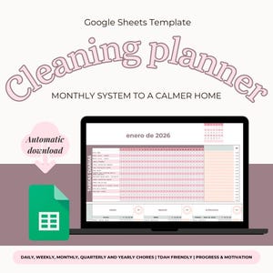 May include: A laptop screen shows a Google Sheets template for a cleaning planner. The words "Cleaning planner" are in a pink, cursive font. The screen displays a monthly calendar with pink and white cells. A green document icon with the words "Automatic download" is also visible.