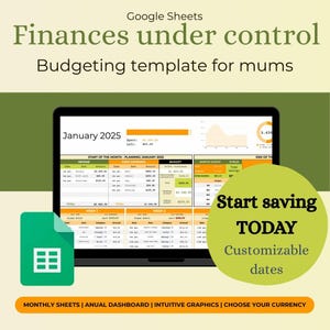 Puede incluir: Una plantilla de presupuesto digital para Google Sheets, con el texto "Finances under control" y "Budgeting template for mums". La pantalla muestra una hoja de cálculo financiera para enero de 2025, con un icono verde de Google Sheets.