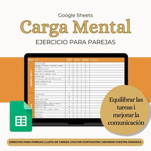 May include: A laptop screen shows a Google Sheets document in Spanish, titled "Carga Mental" (Mental Load), an exercise for couples. The document features a task list and scoring sections. A green Google Sheets icon is in the lower left.