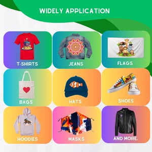 May include: A collage of images showcasing various items that can be customized with designs, including t-shirts, jeans, flags, bags, hats, shoes, hoodies, masks, and more.