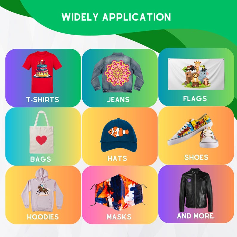 May include: A collage of images showcasing various items that can be customized with designs, including t-shirts, jeans, flags, bags, hats, shoes, hoodies, masks, and more.