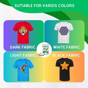 May include: A white powder in a bag with a red, white, and blue design. The bag is labeled "Heat Transfer Powder". The powder is suitable for use on dark, light, white, and black fabric. The image shows four t-shirts with different designs printed on them. The t-shirts are red, blue, white, and black.