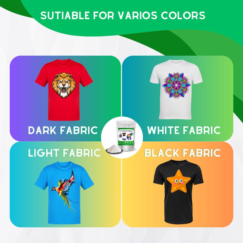 May include: A white powder in a bag with a red, white, and blue design. The bag is labeled "Heat Transfer Powder". The powder is suitable for use on dark, light, white, and black fabric. The image shows four t-shirts with different designs printed on them. The t-shirts are red, blue, white, and black.