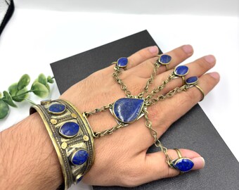 Bracelet Art Déco Lapis-lazuli D'Afghanistan - Laiton, Pierre Bleue, Vintage