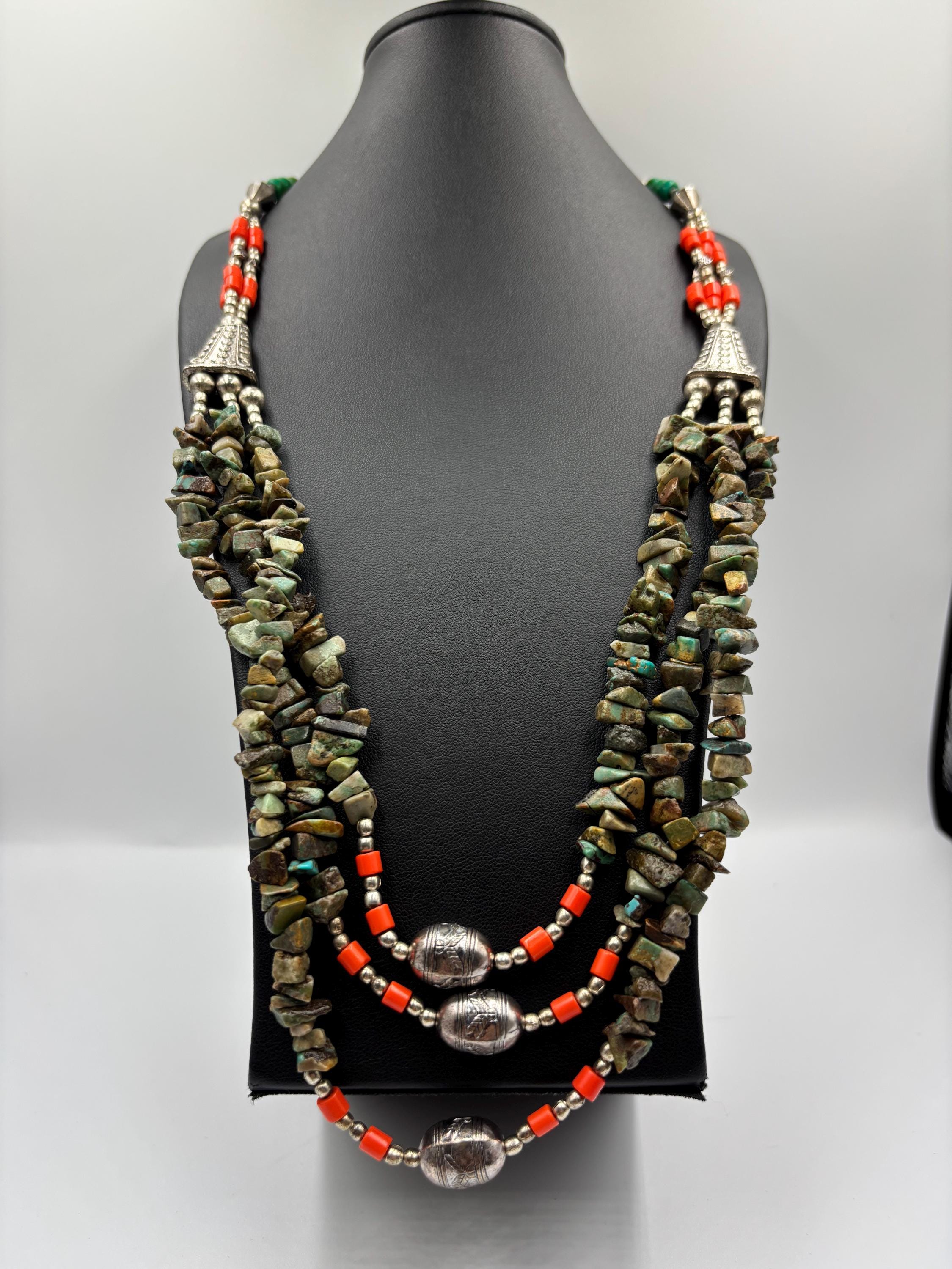 Vintage Tibetan Turquoise & Coral Necklace: Three-layer Handmade