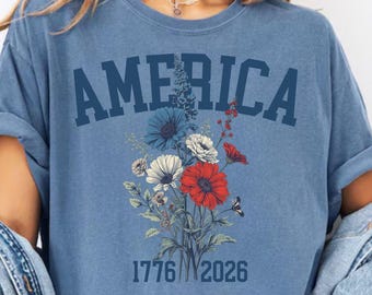 4th Of July floral Shirt, Freedom shirt,Patriotic Women Tee,Independence Day tee,American tee Woman,Memorial Day shirt,USA 250th Anniversary
