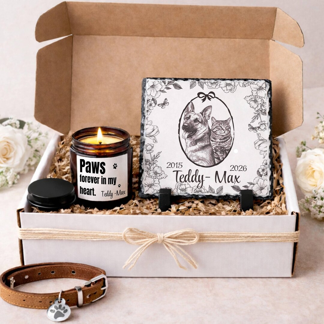Pet Memorial Sympathy Gift Box, Cat Loss Custom Photo Stone Plaque and ...