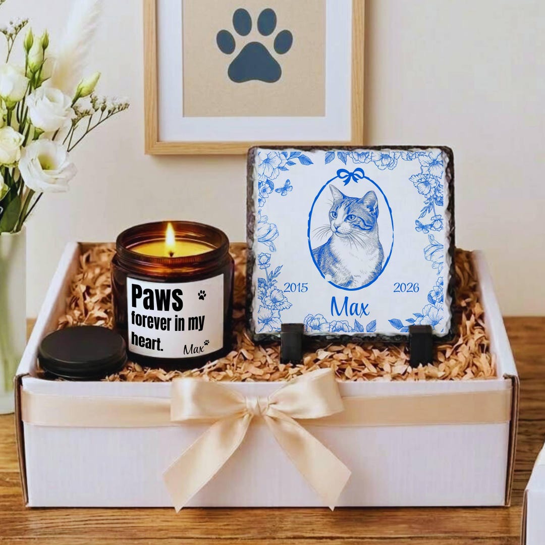 Pet Memorial Sympathy Gift Box, Cat Loss Custom Photo Stone Plaque and ...