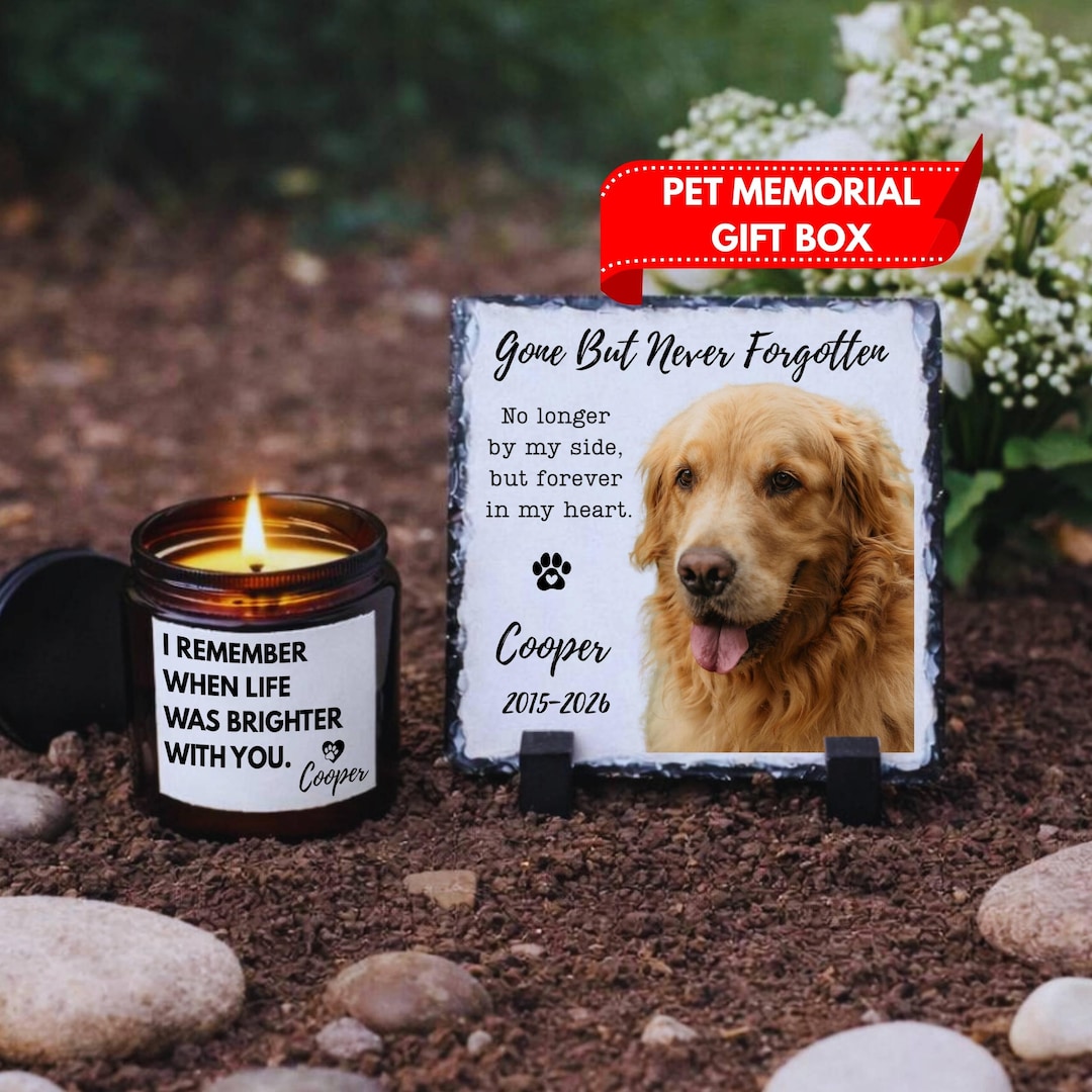 Pet Memorial Sympathy Gift Box, Dog Loss Custom Photo Stone Plaque and ...