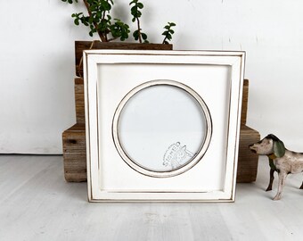6x6 Circle Frame  - SHIPS TODAY - Circle Opening Outside Cove Build up with Vintage White Finish - In Stock 6 x 6" Handmade Frame