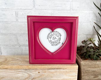 SHIPS TODAY - 4x4" Heart Shape Opening Picture Frame with Outside Cove Build up in Vintage Cerise Pink Finish - In Stock - Photo Frame Heart