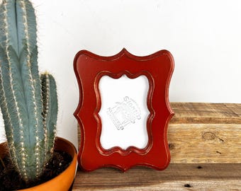 SHIPS TODAY - 4x6 Scalloped Opening Picture Frame with Vintage Brick Red Finish - Solid Poplar Wood 4 x 6 Decorative Frame - In Stock