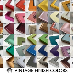 May include: A chart of 48 different vintage paint colors for picture frames. The colors are arranged in rows and columns, with each color labeled with its name. The colors range from bright reds and oranges to deep greens and blues.