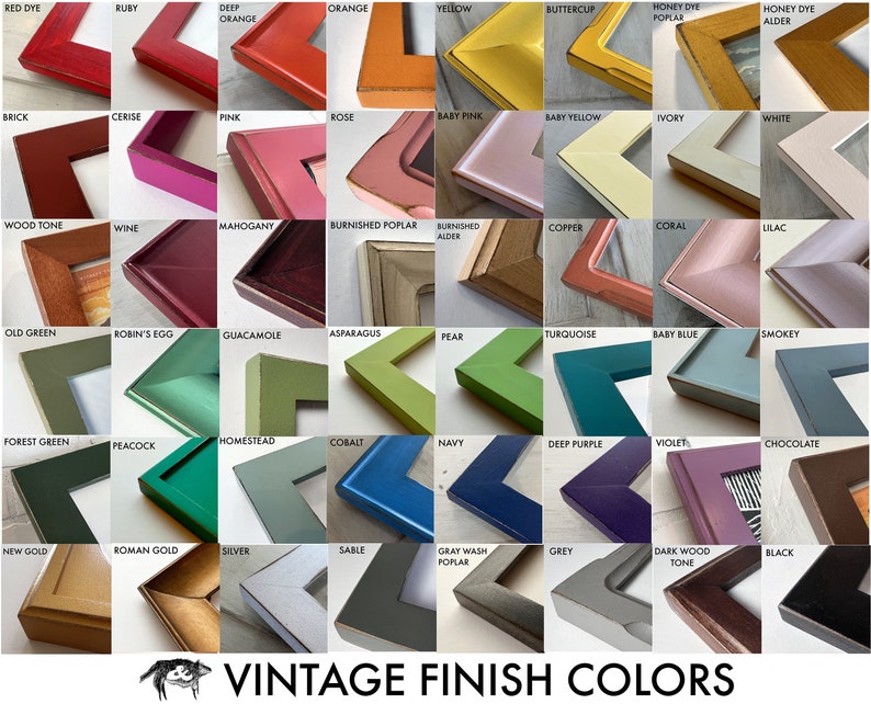 May include: A chart of 48 different vintage paint colors for picture frames. The colors are arranged in rows and columns, with each color labeled with its name. The colors range from bright reds and oranges to deep greens and blues.