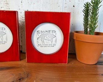 SHIPS TODAY - 4x4 Pine Circle Opening Picture Frame in Vintage Red Dye - In Stock - 4 x 4 inch Circle Round Picture Frame