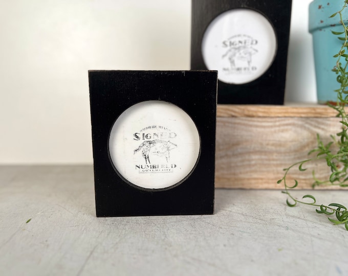 Featured listing image: SHIPS TODAY - 4x4 Circle Picture Frame - Pine Circle Opening Frame Vintage Black - In Stock - 4 x 4 inch Circle Round Picture Frame