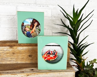 4x4 Pine Circle Opening Picture Frame - SHIPS TODAY - Vintage Robin's Egg - In Stock - 4 x 4 inch Circle Round Picture Frame Green