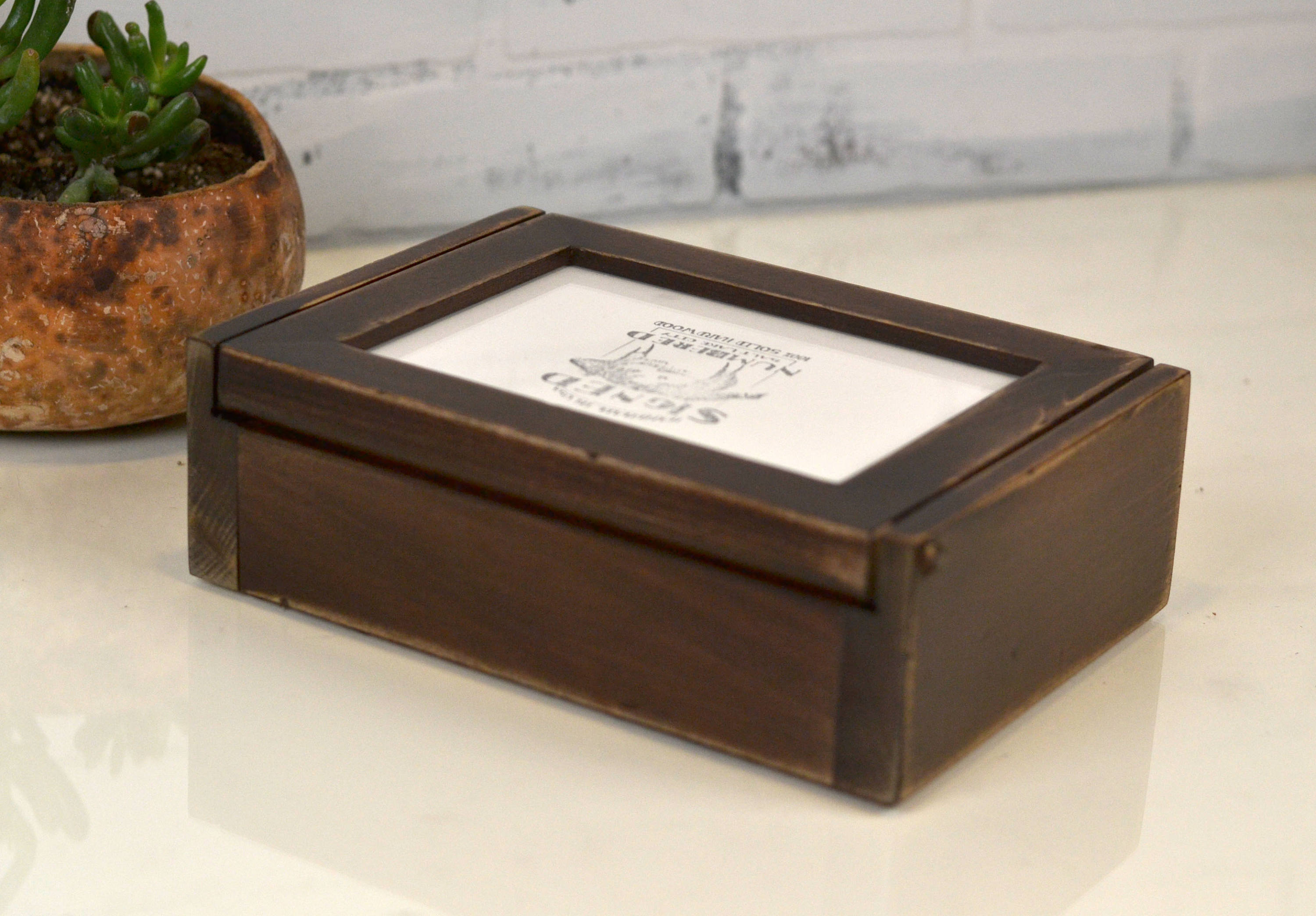 Wooden Keepsake Box with 5x7 Picture Frame Lid in Super Vintage Dark Wood Tone Finish Handmade