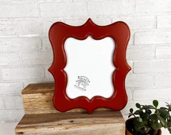 SHIPS TODAY - 8x10 Scalloped Opening Picture Frame Shaped Outside in Vintage Brick Red Finish - Solid Poplar Photo Frame Decorative In Stock