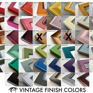 May include: A grid of forty-two square picture frame corner samples in various colors and finishes, labeled with names like Red Dye, Ruby, Gold, and Black. The text VINTAGE FINISH COLORS appears at the bottom with a small graphic of a pig.