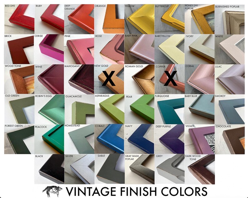 May include: A grid of forty-two square picture frame corner samples in various colors and finishes, labeled with names like Red Dye, Ruby, Gold, and Black. The text VINTAGE FINISH COLORS appears at the bottom with a small graphic of a pig.