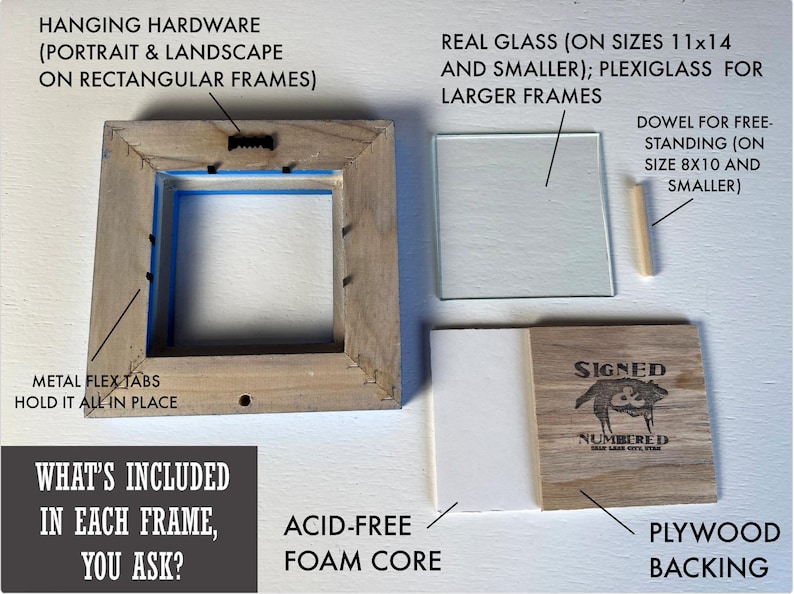 May include: A wooden picture frame disassembled into its components: a frame with metal flex tabs and hanging hardware, a square glass pane, a wooden dowel, an acid-free foam core board, and a plywood backing with the text Signed & Numbered.