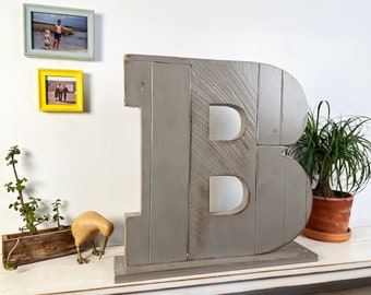 SHIPS TODAY - Reclaimed LARGE Wooden "Frankenblock" Letter B with Vintage Grey Finish - 22 inches Tall - For Table Top or Hanging - In Stock