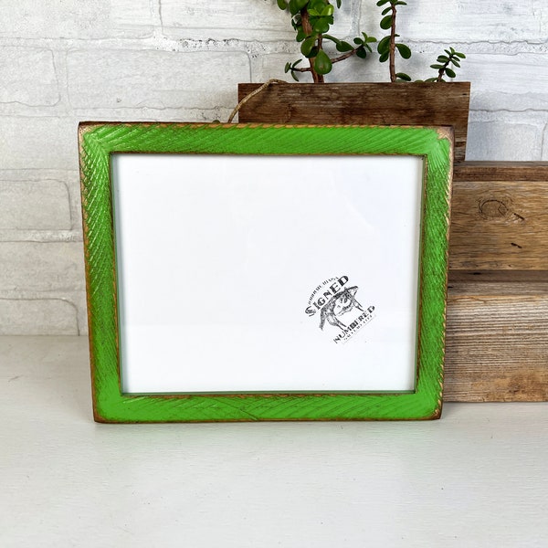 SHIPS TODAY - 8x10 Picture Frame - 1x1 Roughsawn Reclaimed Style with Vintage Green Pear Finish - In Stock - 8x10 Photo Frame Upcycled Wood