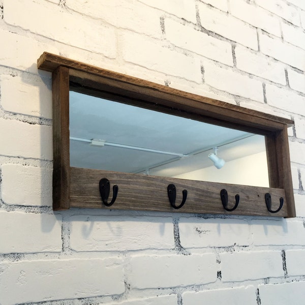Entryway Mirror with Four Key Hooks - Rustic Reclaimed Cedar Wood Mirror - Handmade Wooden Mirror with Hanging Hooks