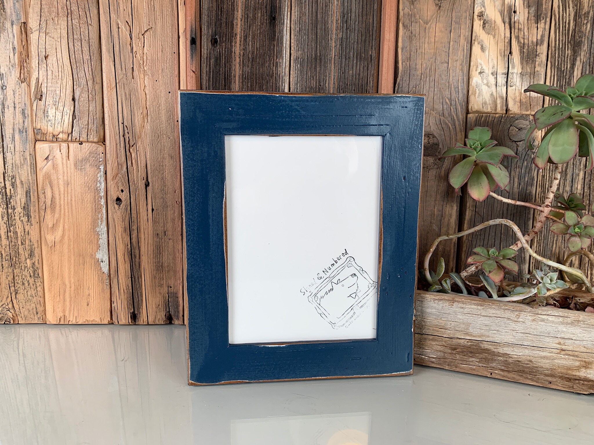 6x8 inch Picture Frame in 1.5 Reclaimed Cedar with Vintage Navy Blue