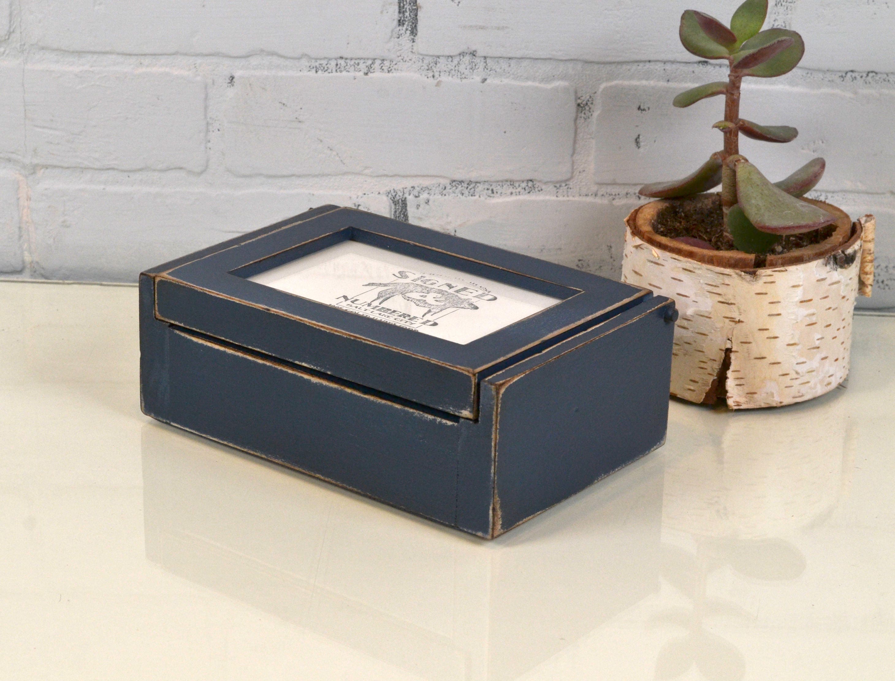 Wooden Keepsake Box 4x6 Picture Frame Lid In Super Vintage Navy Gallery Photo