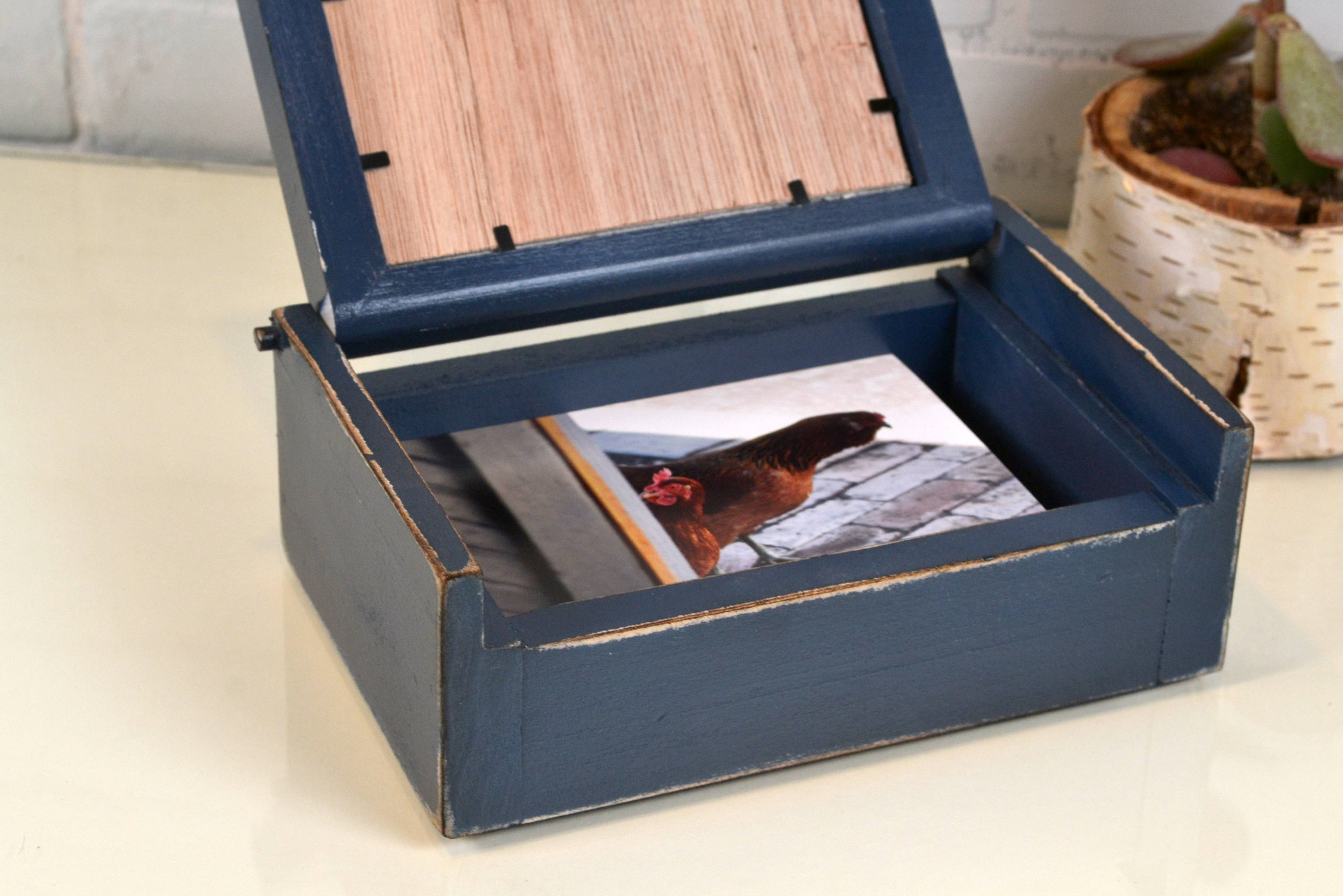 Wooden Keepsake Box 4x6 Picture Frame Lid In Super Vintage Navy Gallery Photo