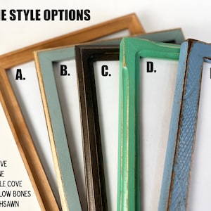 May include: Five rectangular picture frames labeled A through E, displaying different finishes: A is natural wood, B is light blue, C is dark brown, D is mint green, and E is textured blue. The text FRAME STYLE OPTIONS and a list of names are visible.