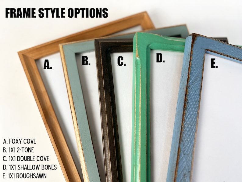 May include: Five rectangular picture frames labeled A through E, displaying different finishes: A is natural wood, B is light blue, C is dark brown, D is mint green, and E is textured blue. The text FRAME STYLE OPTIONS and a list of names are visible.