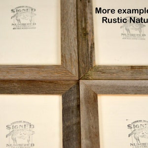 May include: Four rustic wooden picture frames with a natural, weathered appearance. Each frame has a light-colored mat and a printed design that reads "SIGNED NUMBERED". The frames are arranged in a square formation.
