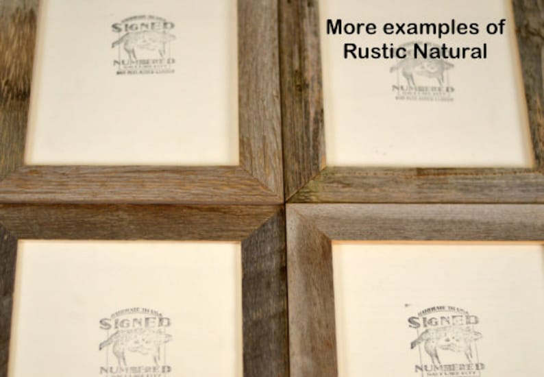 May include: Four rustic wooden picture frames with a natural, weathered appearance. Each frame has a light-colored mat and a printed design that reads "SIGNED NUMBERED". The frames are arranged in a square formation.