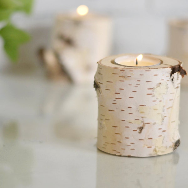 Natural Birch Tea Light Holder - 3" Tall - Single Candle Holder - Wedding Table Decorations