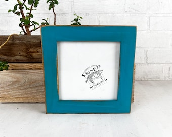 SHIPS TODAY - 6x6" Square Frame in 1.5 Reclaimed Cedar Style with Super Vintage Turquoise Finish - In Stock - Rustic 6 x 6 Photo Frame Blue