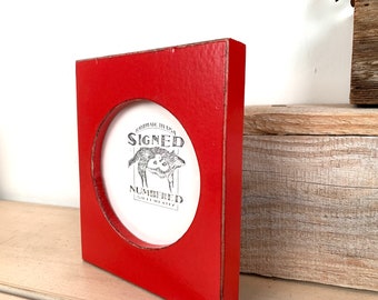 SHIPS TODAY - 4x4 Pine Circle Opening Picture Frame - Vintage Ruby Red Finish - In Stock - 4 x 4 inch Circle Round Picture Frame