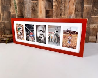 SHIPS TODAY - 8x24" Multiple Mat Window Frame for (5) 4x6 inch Photos in 1x1 Flat style with Vintage Brick Red Finish - In Stock