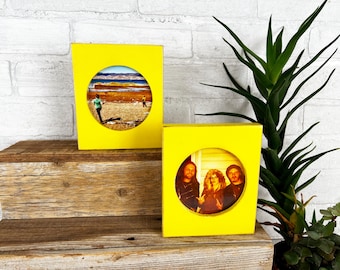 4x4 Pine Circle Opening Picture Frame - SHIPS TODAY - Vintage Yellow Finish - In Stock - 4 x 4 inch Circle Round Picture Frame