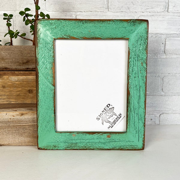 SHIPS TODAY - 8x10 Picture Frame in 2" Roughsawn Reclaimed Redwood with Vintage Robin's Egg Finish - In Stock - 8 x 10 Rustic Frames Green