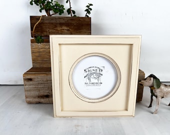 5x5 inch Circle Opening Picture Frame - SHIPS RIGHT AWAY - Outside Cove Build up with Vintage Ivory Off White Finish - In Stock 5 x 5
