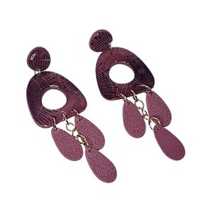Boho polymer clay earrings in eggplant or steel blue, hand-painted with stainless steel chain.