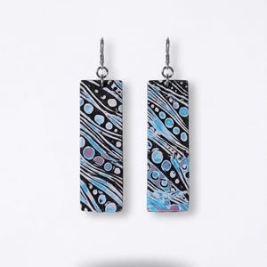 Rectangular Dangle Earrings Polymer Clay Mokume Gane Black Blue