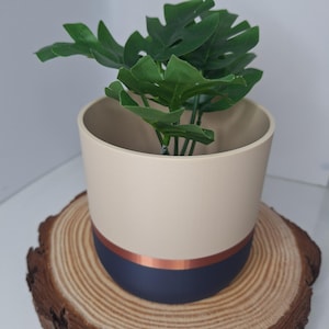 May include: A beige and navy blue plant pot with a copper stripe, containing a green plant with large leaves. The pot rests on a round wooden slice, showing growth rings. The plant pot is a decorative item.