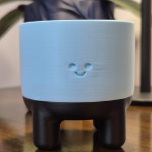 May include: A light blue ceramic planter with a smiling face and three black legs.