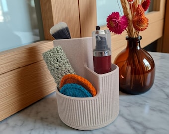 3D printed makeup brush holder, Marble white with cedar speckles, 3 compartments, ribbed design.