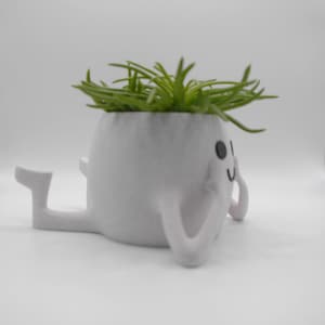 May include: A quirky white plant pot in the form of a cartoon figure, complete with arms, legs, and a smiling face. It's filled with bright green, spiky plants. This playful design is ideal for adding character to a room.